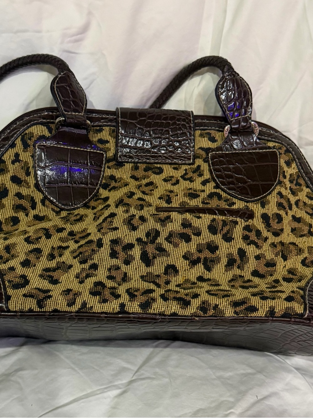 Rosetti Leopard-Print Satchel with Brown Croc Trim